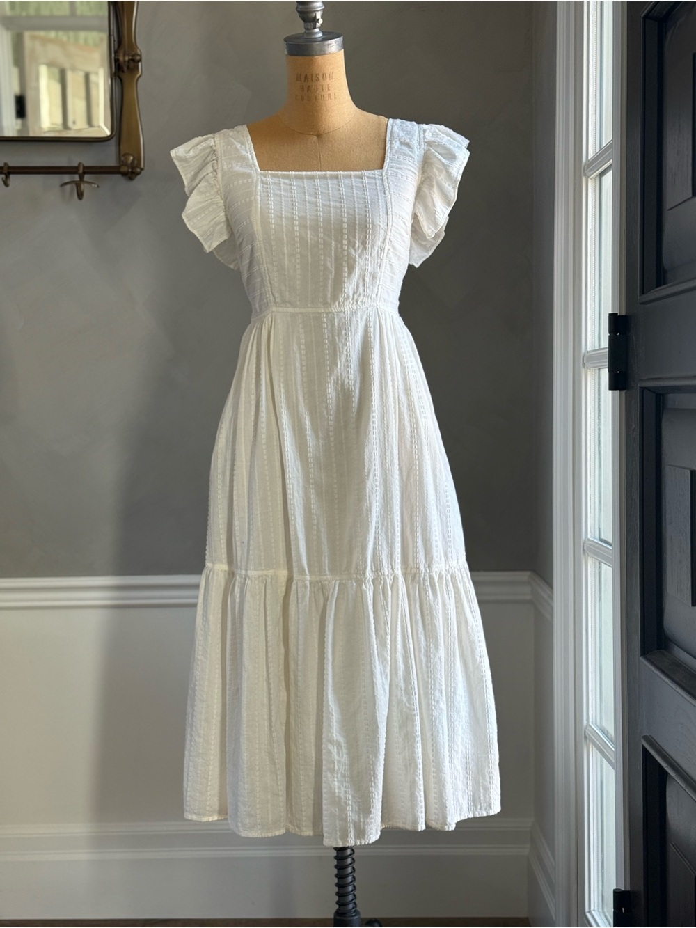 Madewell White Square-Neck Midi Dress with Ruffled Sleeves